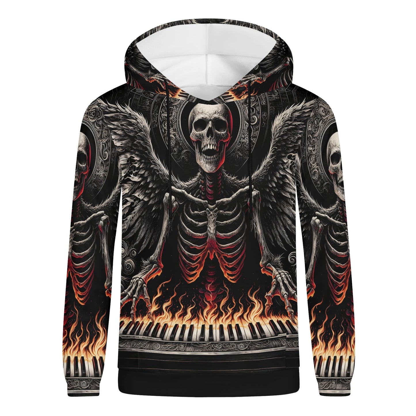 Piano of Souls Poly French Terry Hoodie featuring winged skeleton playing flaming piano in dark gothic design