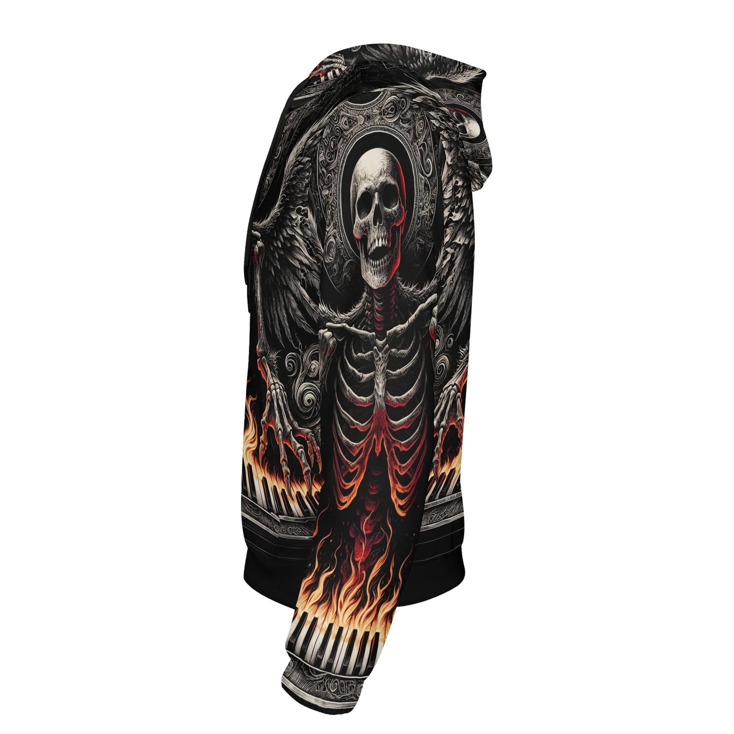 Side view of Loud and Lethal Piano of Souls Poly French Terry Hoodie featuring a skeleton and fiery piano design