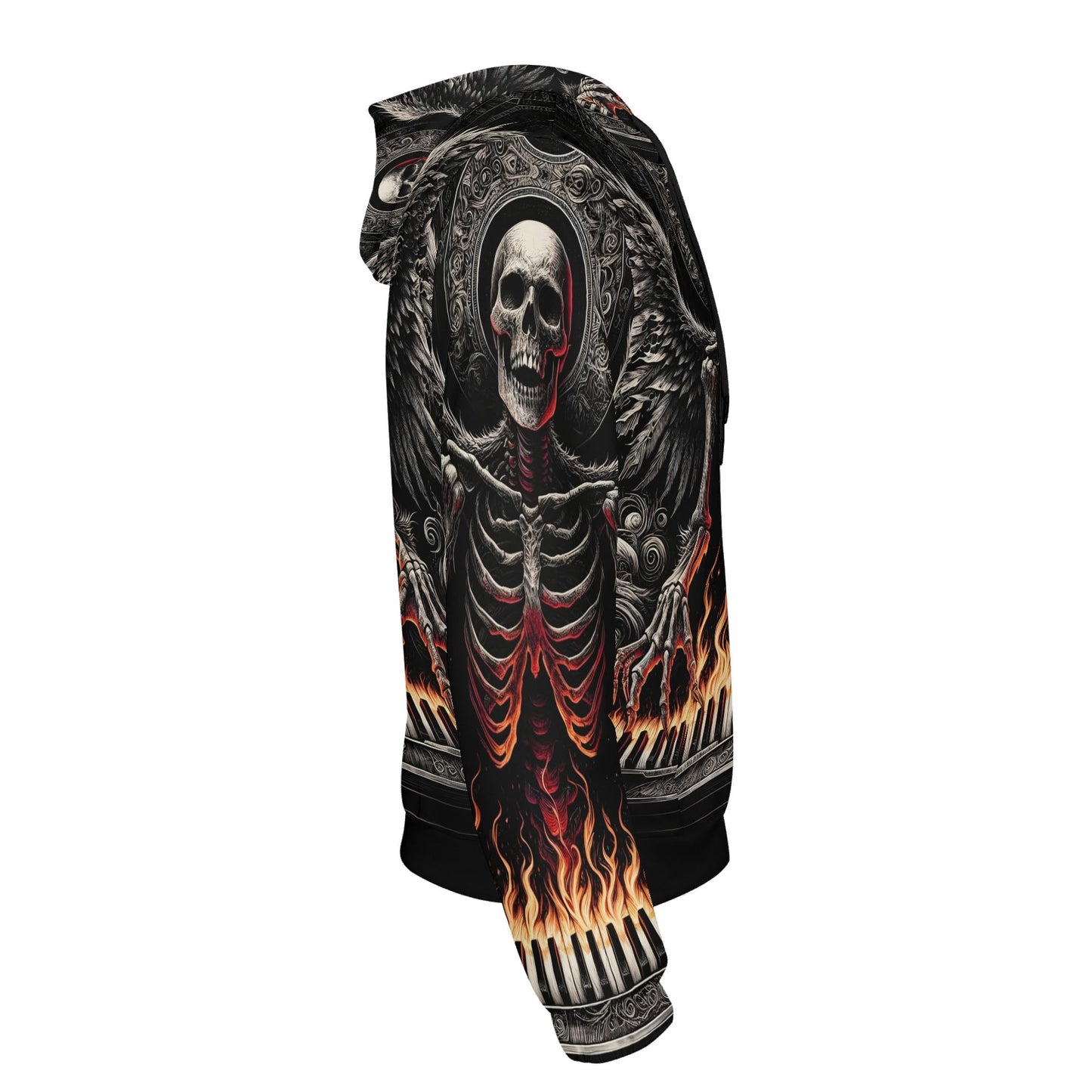 Piano of Souls Poly French Terry Hoodie by Loud and Lethal featuring skeleton and flames graphic design