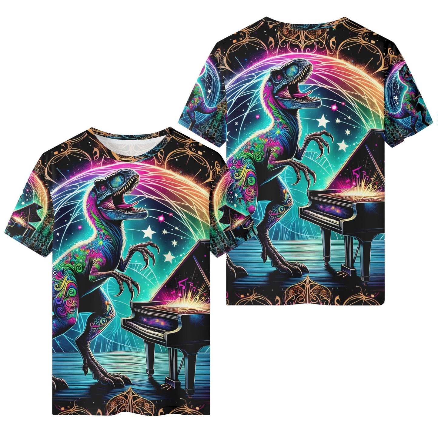 PianoSaur Lycra Kids T-Shirt . Loud and Lethal colorful neon raptor playing piano print on front and back