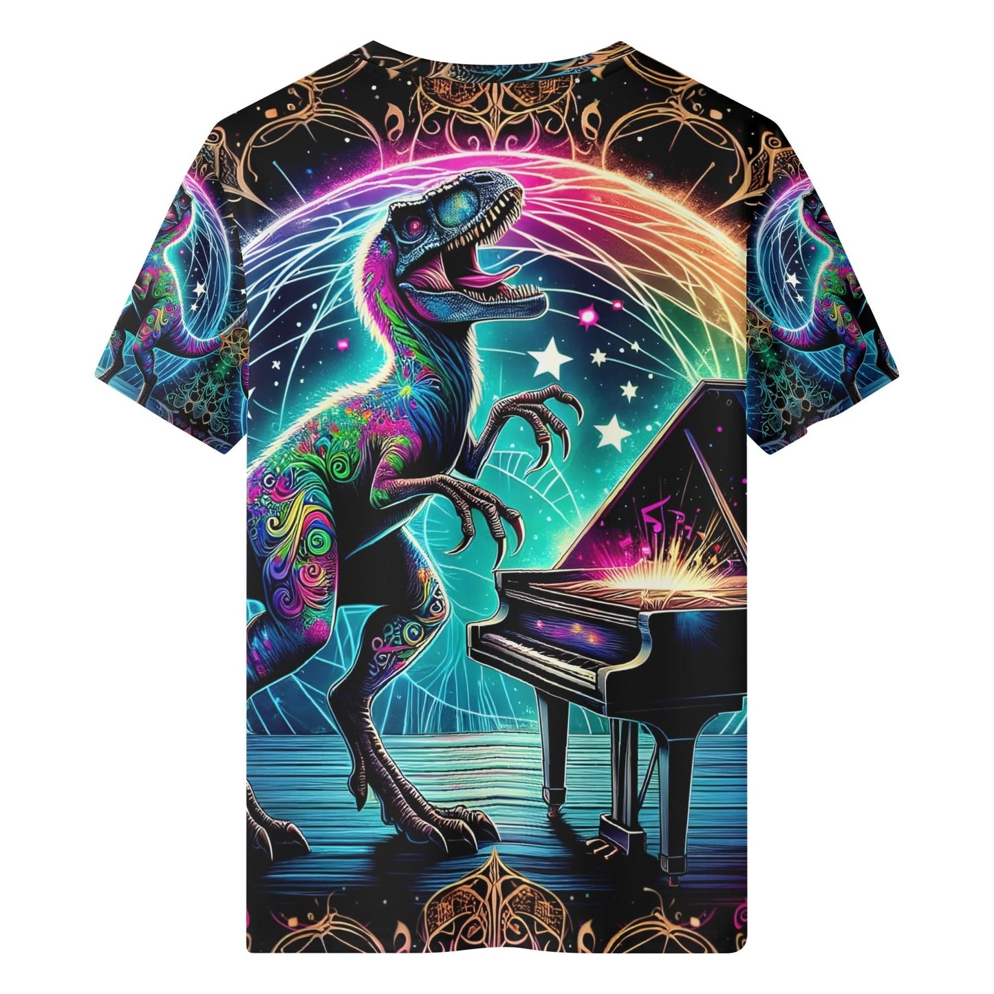 PianoSaur Lycra Kids T-Shirt Loud and Lethal colorful neon raptor playing piano on stage
