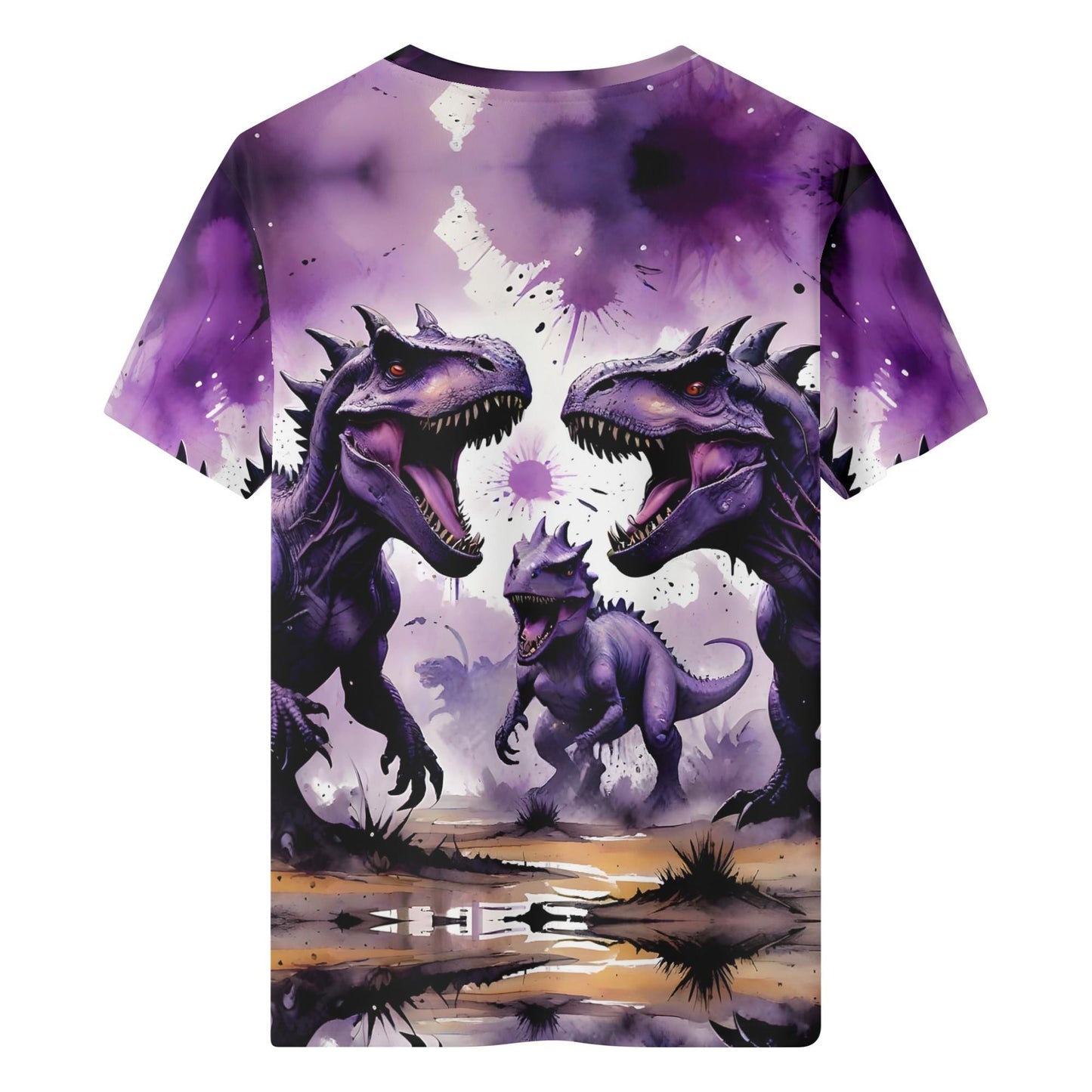 Prehistoric Pulse purple Organic Cotton Kids T-shirt featuring vibrant dinosaur design on back