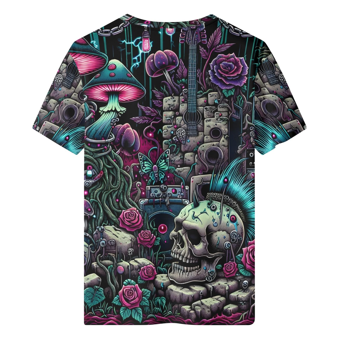 Psychedelic Reverie Organic Cotton Kids T-Shirt with colorful skull, mushrooms, roses, and guitar design