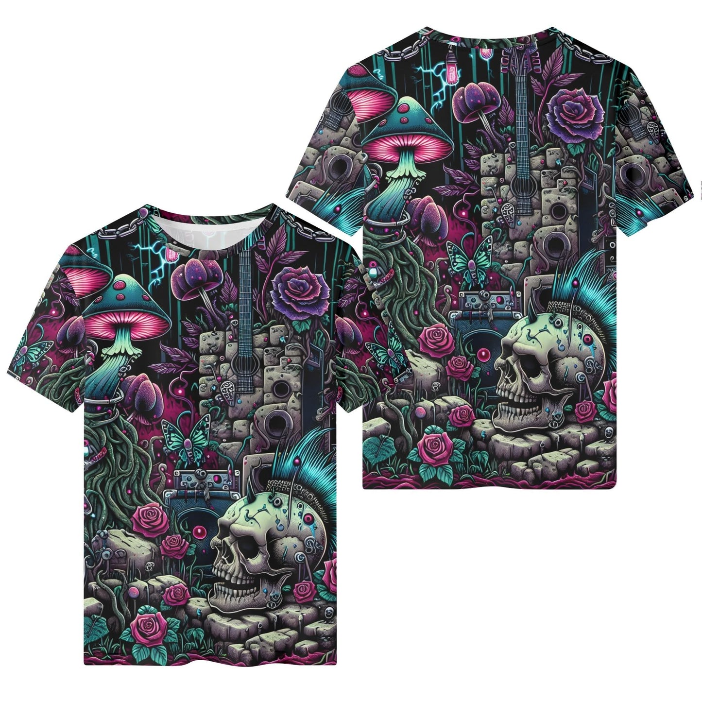 Psychedelic Reverie Organic Cotton Kids T-Shirt by Loud and Lethal with colorful skull and mushroom graphic
