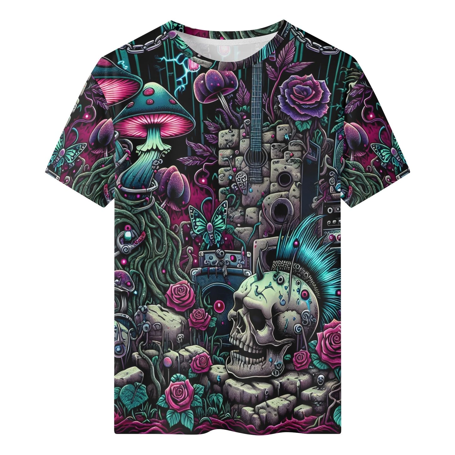 Psychedelic Reverie Organic Cotton Kids T-Shirt by Loud and Lethal with colorful fantasy mushrooms and skull design
