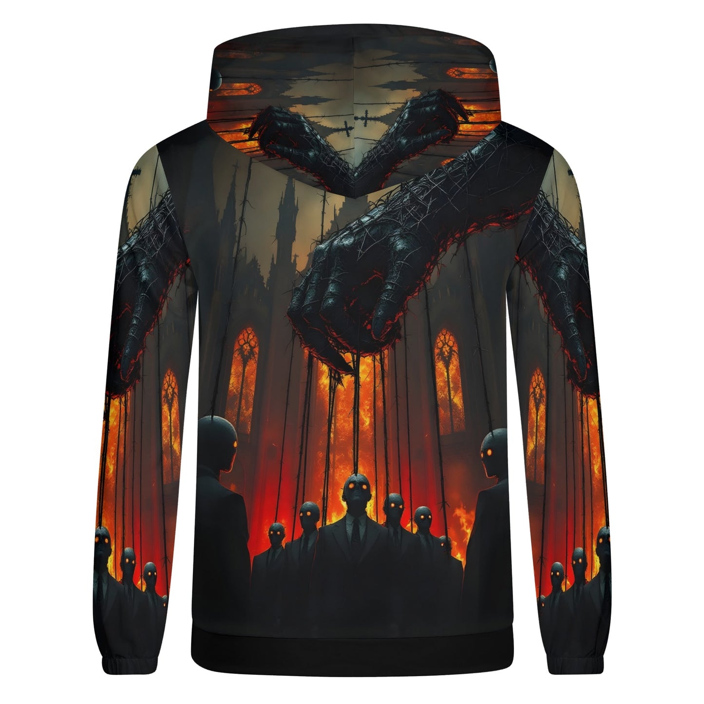 Unisex Loud and Lethal Puppetmasters Reign Cotton Terry hoodie with dark puppet and fiery background design