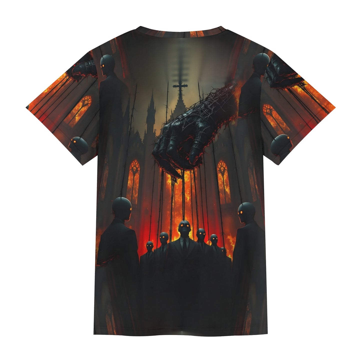 Loud and Lethal Puppetmasters Reign Lycra T-Shirt with dark surreal puppet design on unisex shirt