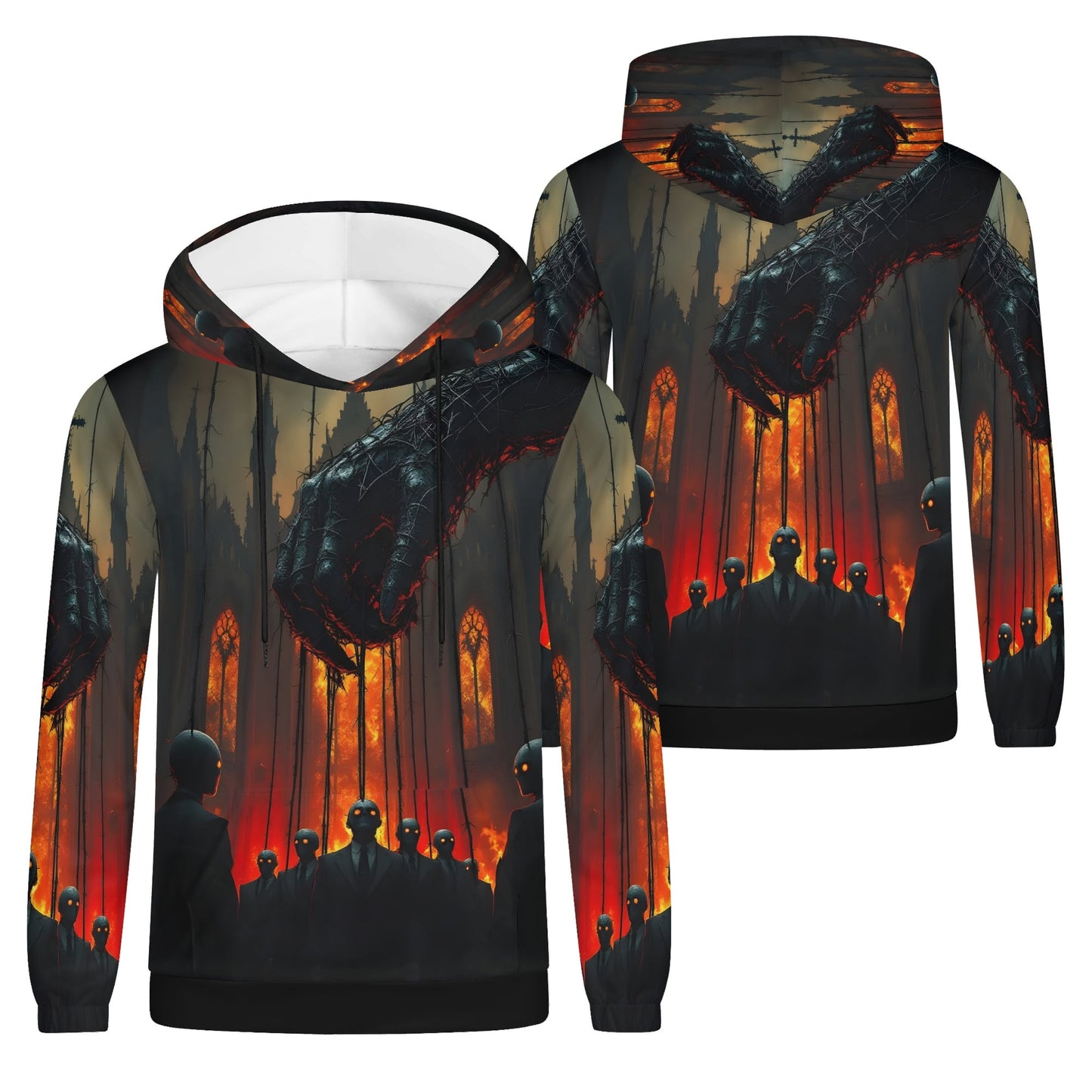 Puppetmasters Reign Poly French Terry hoodie by Loud and Lethal with dark puppet and fiery background design