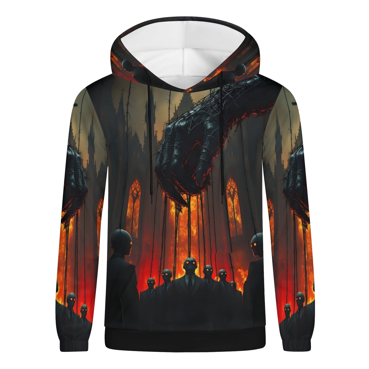 Loud and Lethal Puppetmasters Reign Poly French Terry hoodie with dark puppetmaster design and fiery background
