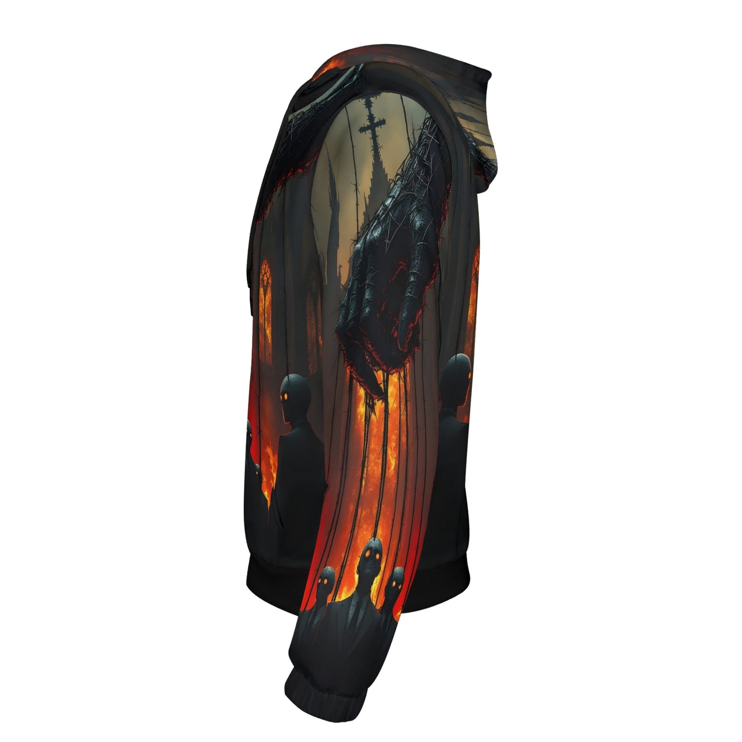 Side view of Loud and Lethal Puppetmasters Reign Poly French Terry hoodie with dark puppet design