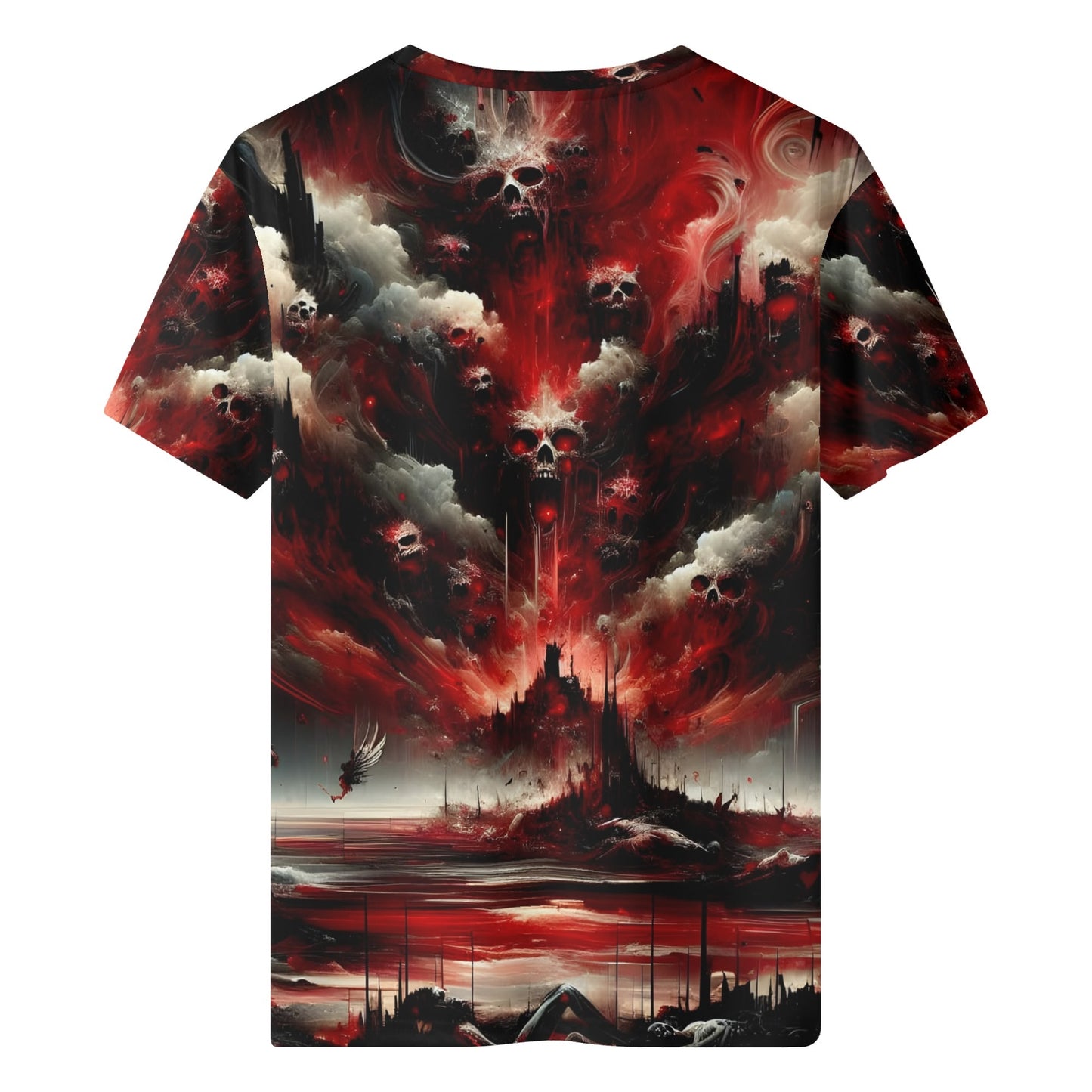 Loud and Lethal Raining Blood 100 Cotton T-Shirt featuring dark fantasy skulls and red storm design