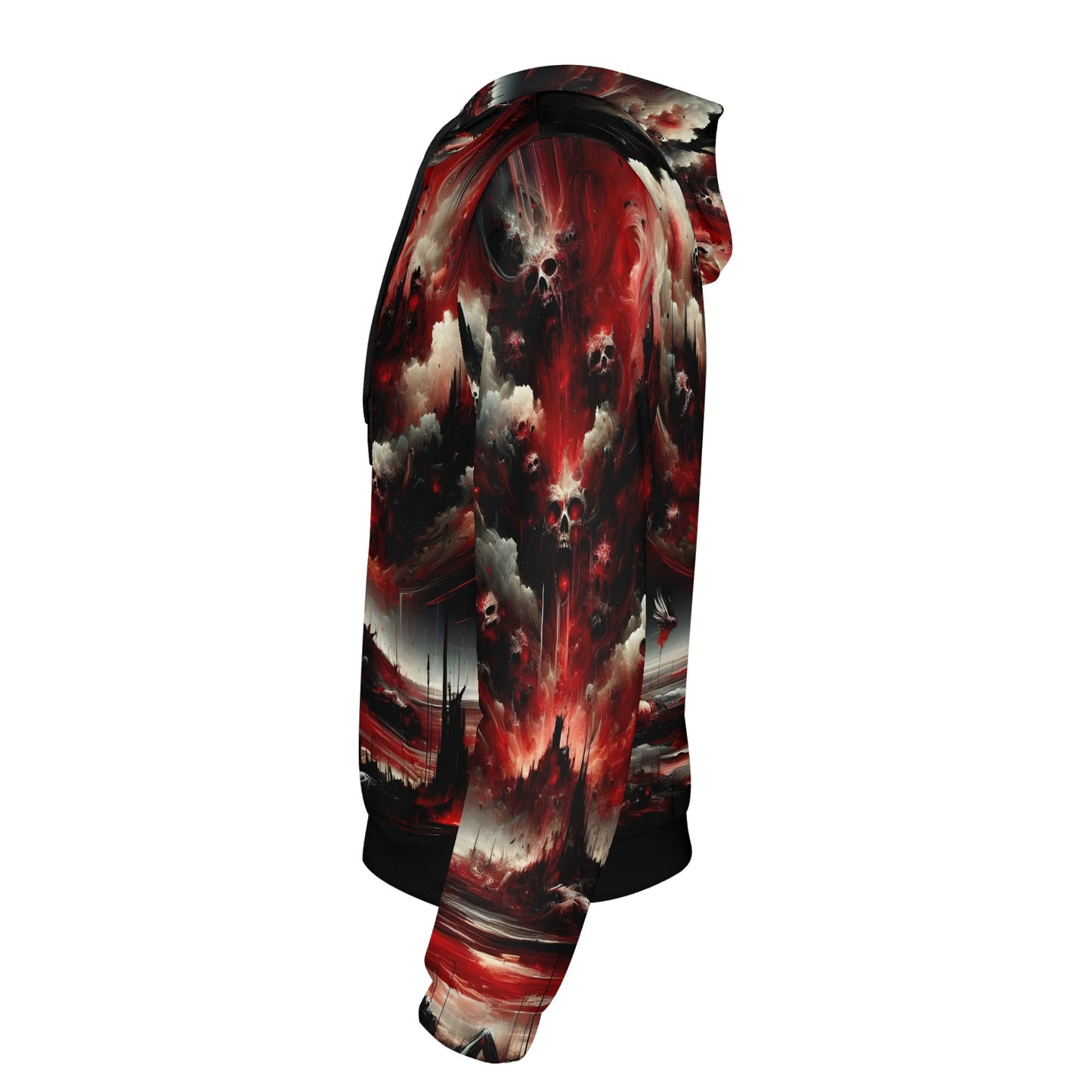 Side view of Loud and Lethal Raining Blood Cotton Terry hoodie with dark skull and red storm design