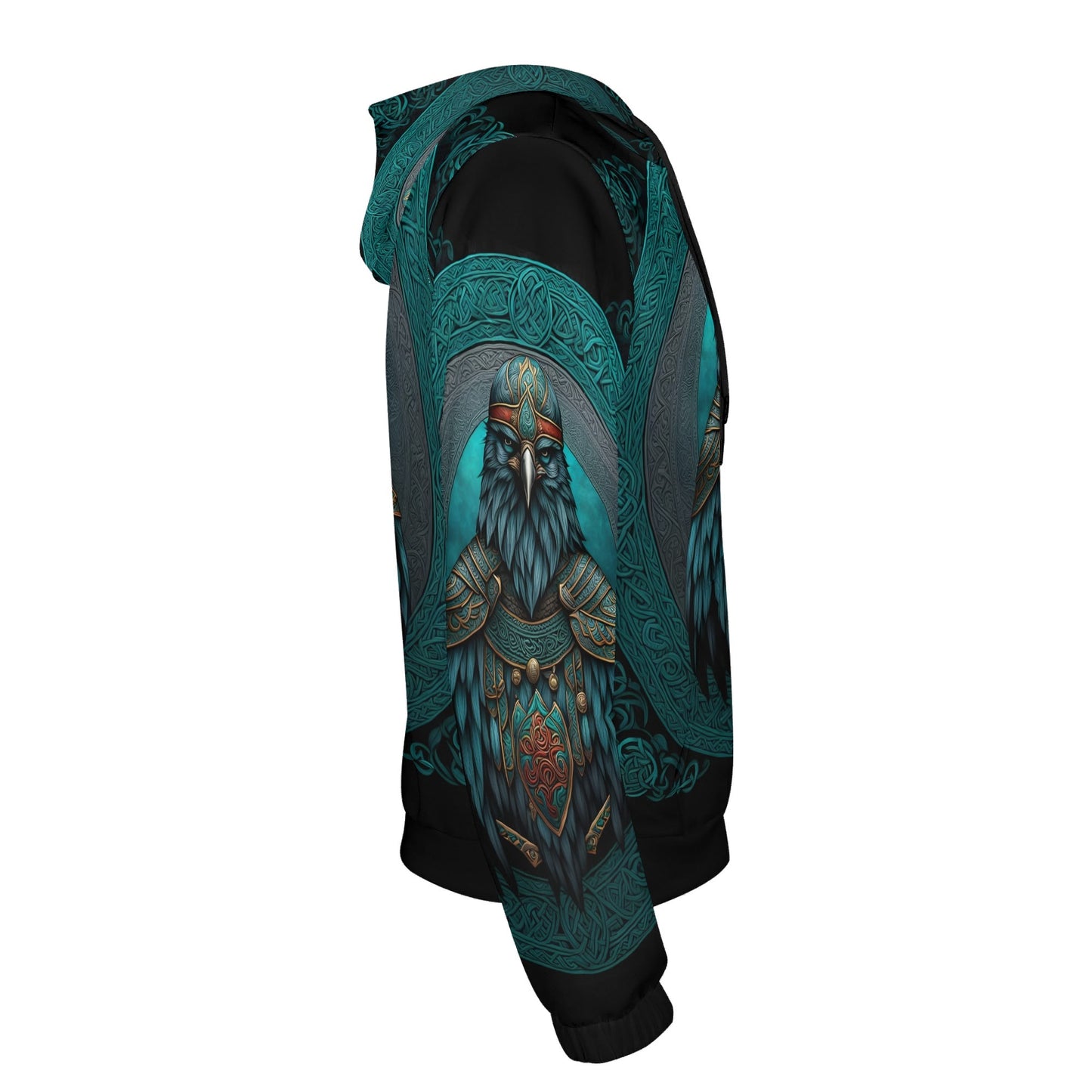Side view of Raven of the North Poly French Terry hoodie by Loud and Lethal with detailed raven and Celtic design