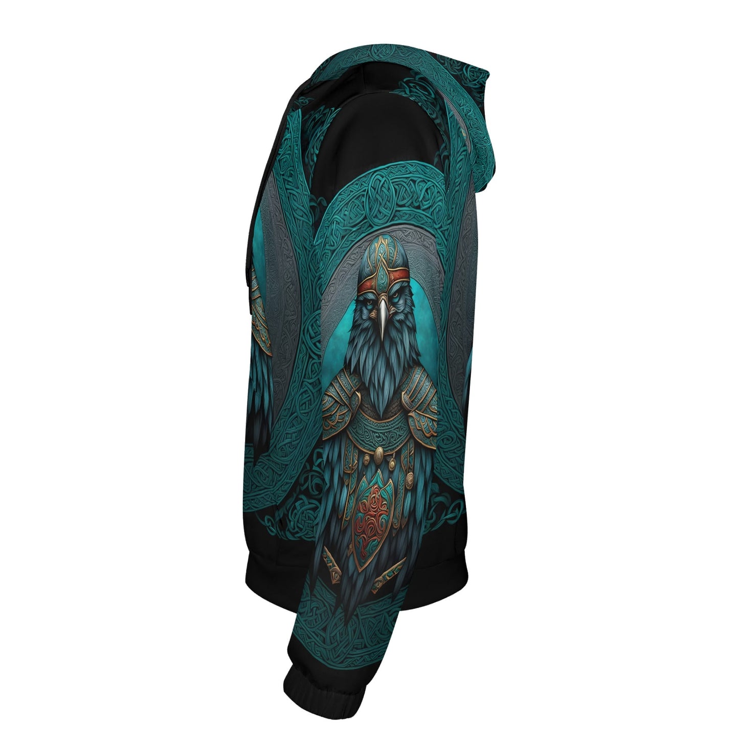 Raven of the North Poly French Terry hoodie with detailed warrior raven design and intricate teal patterns