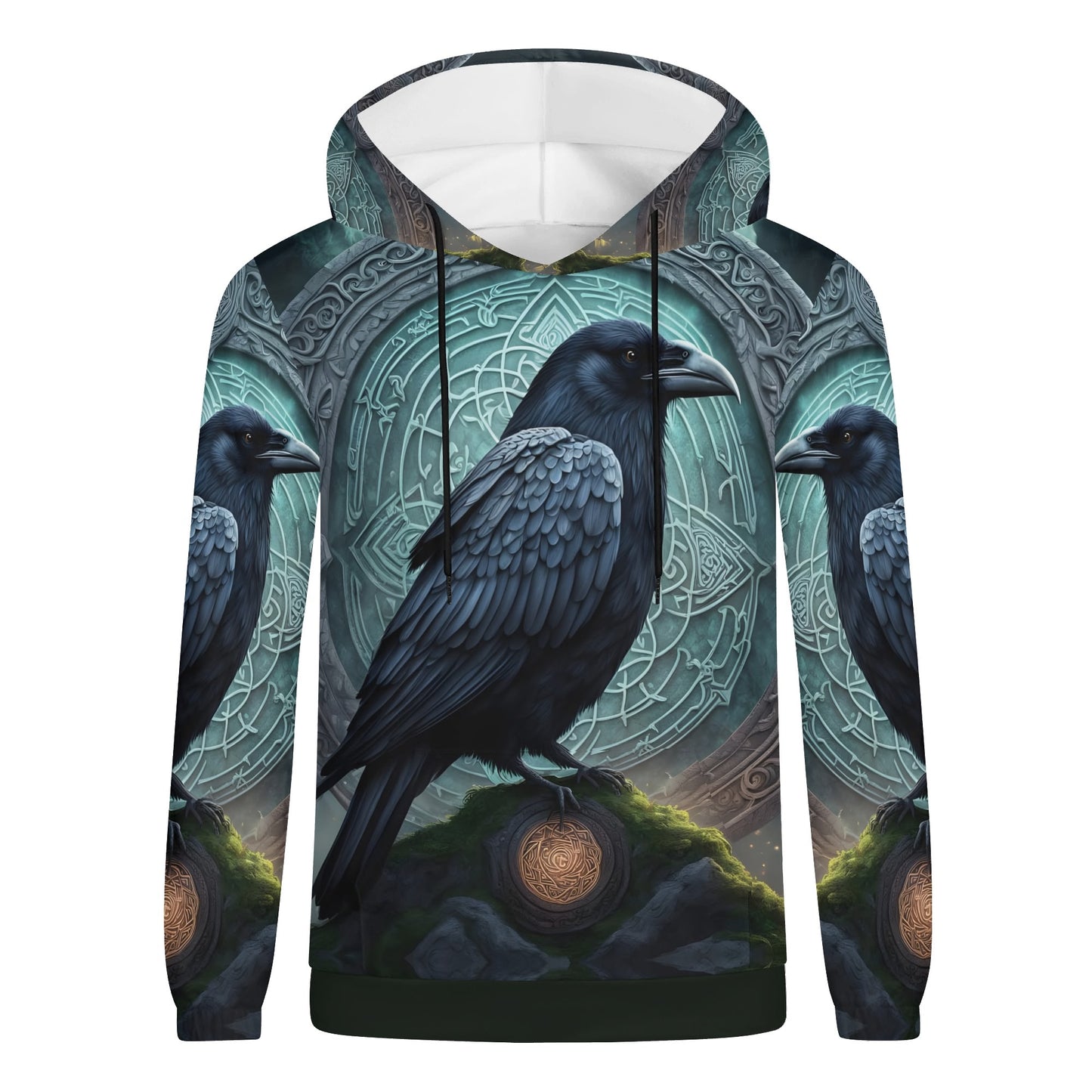 Raven of the Runestones Poly French Terry hoodie featuring a detailed black raven design on a mystical runestone background