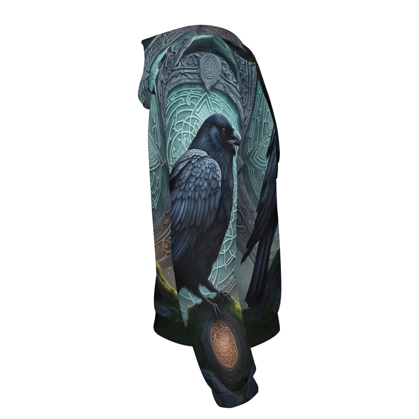 Raven of the Runestones Poly French Terry hoodie by Loud and Lethal with detailed raven and rune design