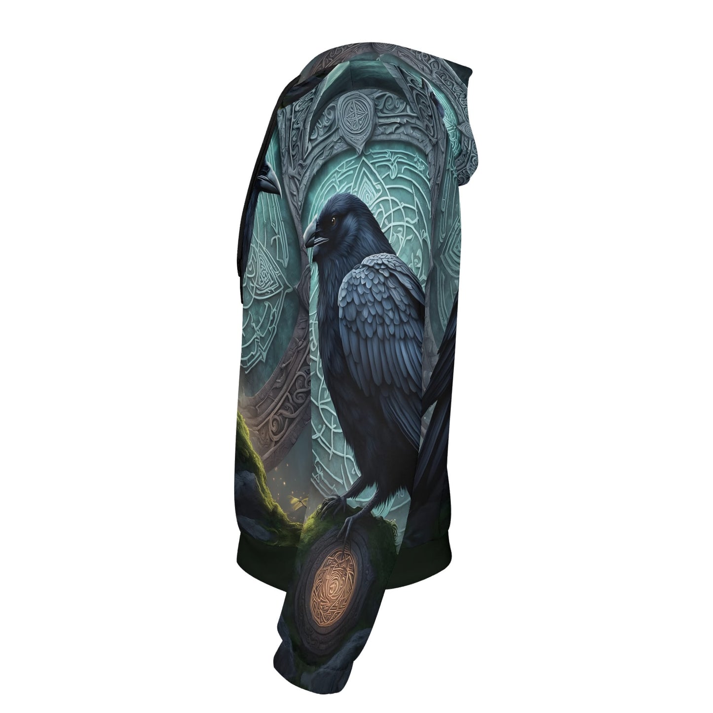 Side view of Loud and Lethal Raven of the Runestones Poly French Terry hoodie with detailed raven and runestone design