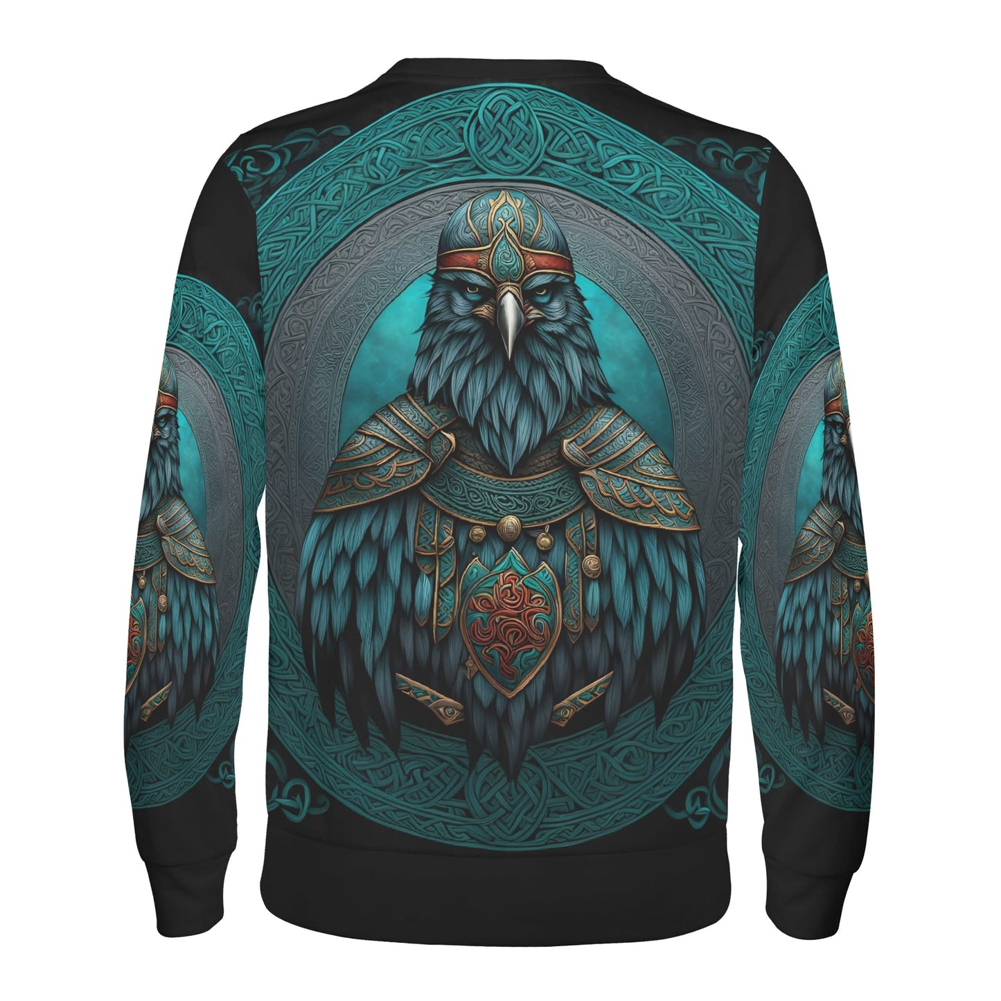 Loud and Lethal unisex Raven of the North Poly French Terry Sweatshirt featuring teal Viking raven warrior back print