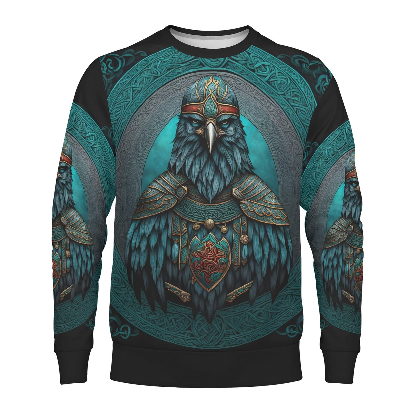 Raven of the North Poly French Terry Sweatshirt unisex teal warrior raven design with ornate Norse shield and armor
