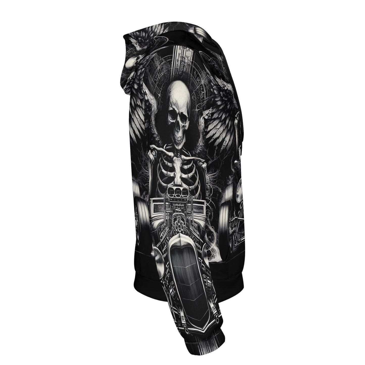 Side view of Loud and Lethal Reapers Hot Rod Cotton Terry hoodie with skeleton and motorcycle design