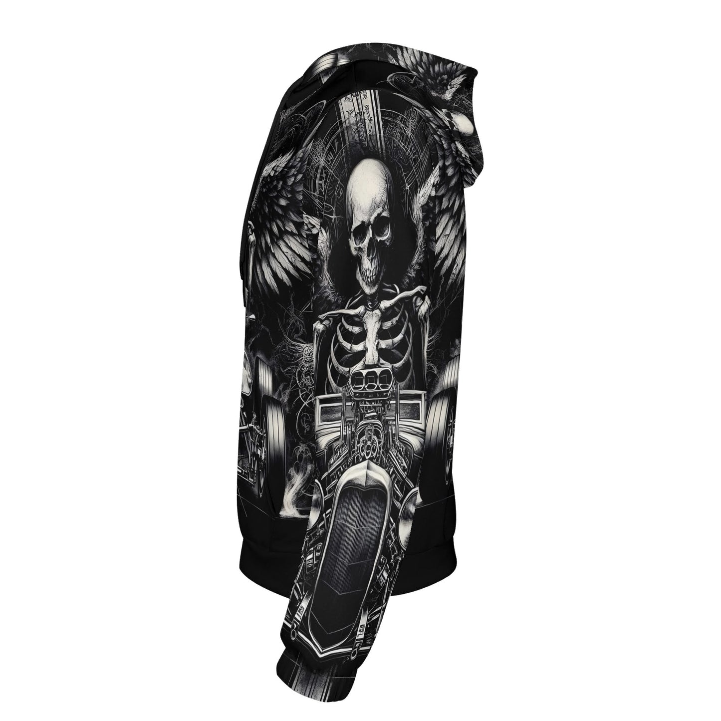 Side view of Reapers Hot Rod Cotton Terry hoodie with black and white skeleton motorcycle design