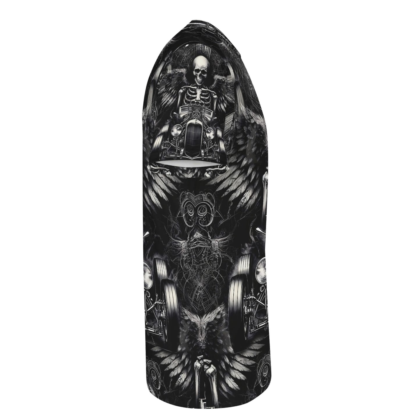 Side view of Loud and Lethal Reapers Hot Rod Lycra T-Shirt featuring skeletal hot rod design in black and white