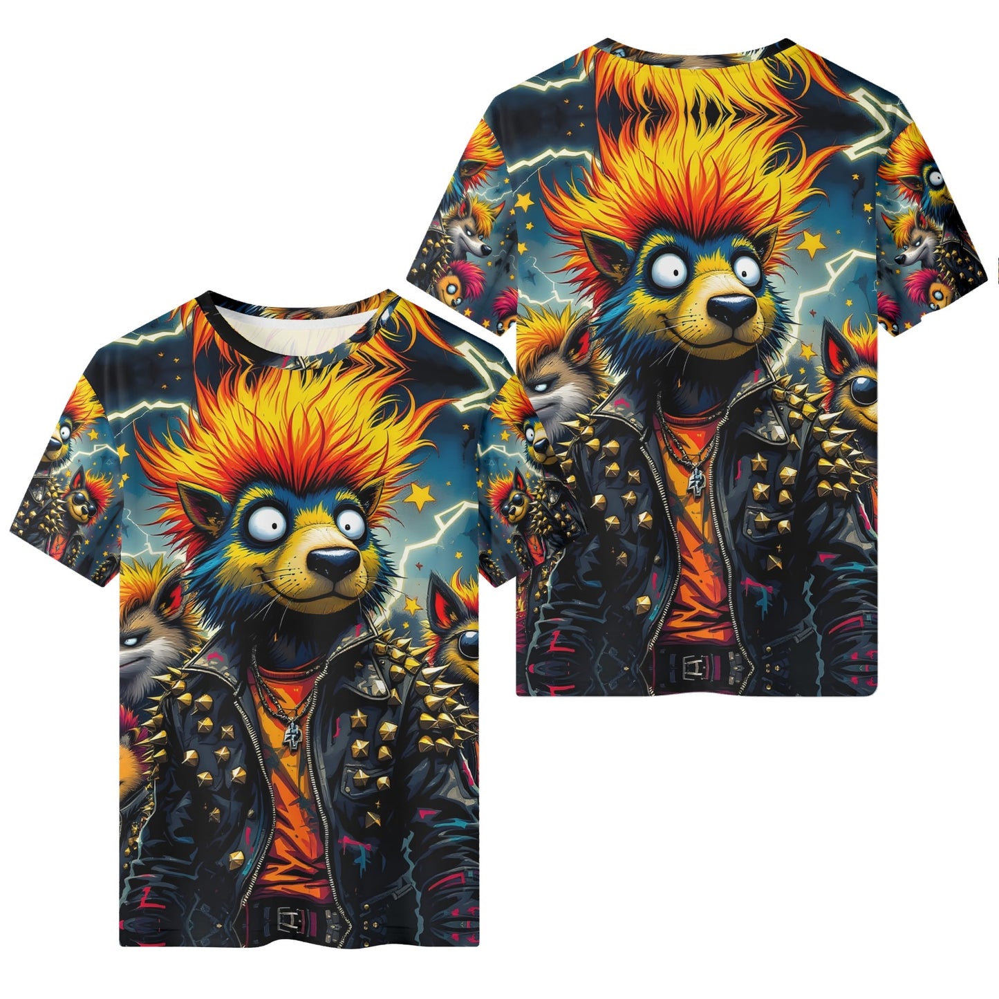 Rebel Pack Organic Cotton Kids T-Shirt by Loud and Lethal featuring vibrant punk lion graphic with fiery hair and spiked leather jacket