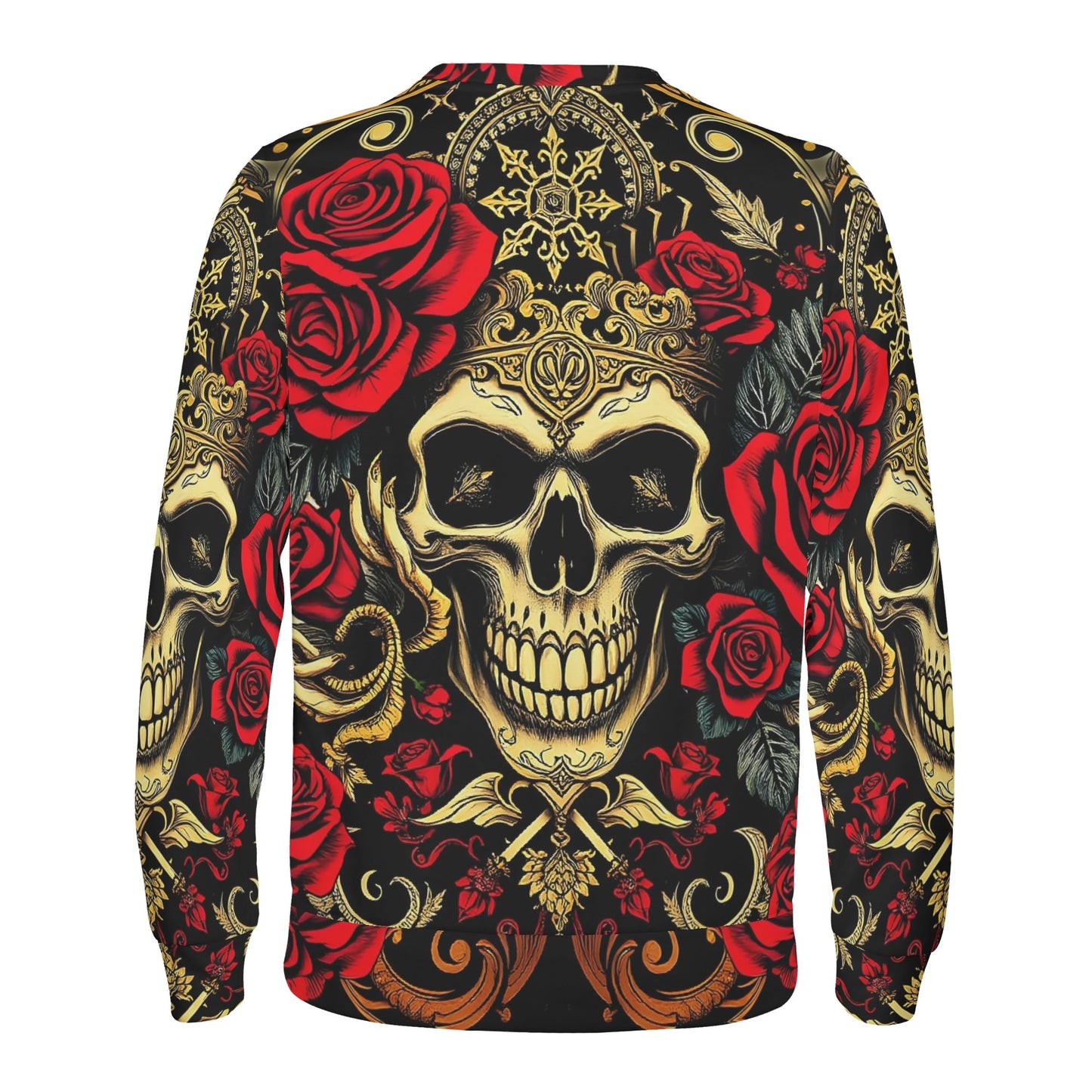 Crimson Path Poly French Terry Sweatshirt unisex black sweatshirt back view ornate gold skulls red roses