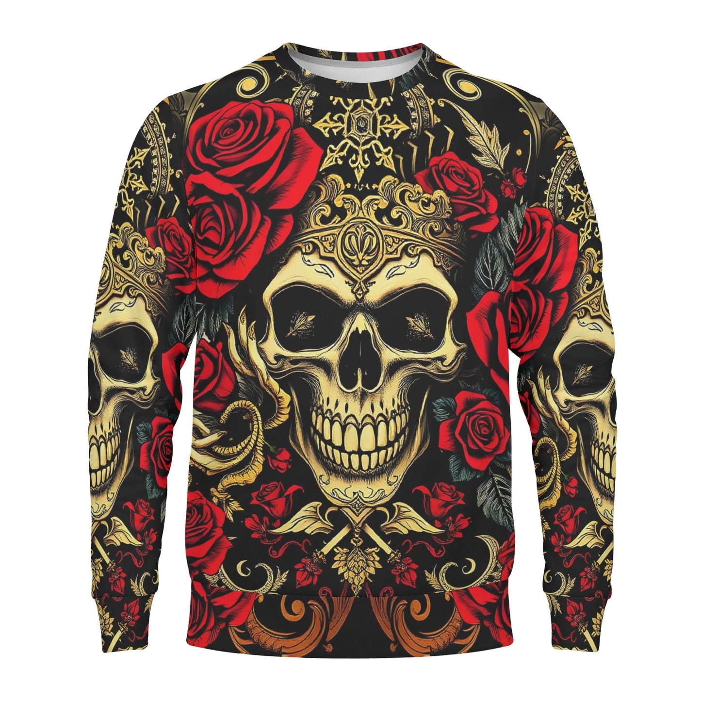 Crimson Path Poly French Terry Sweatshirt unisex sweater by Loud and Lethal ornate gold skull and red rose all over print