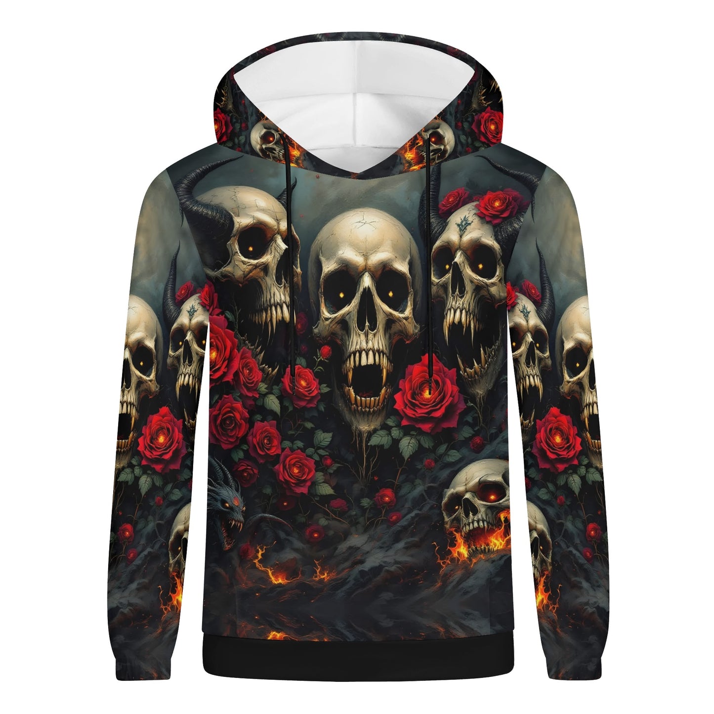 Unisex Rebellious Symphony Cotton Terry Hoodie by Loud and Lethal with skulls and red roses design