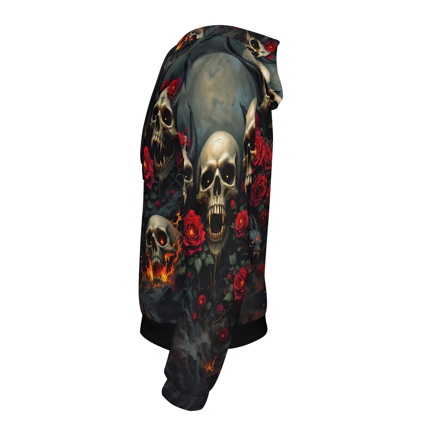 Rebellious Symphony Cotton Terry Hoodie with skulls and red roses graphic design by Loud and Lethal