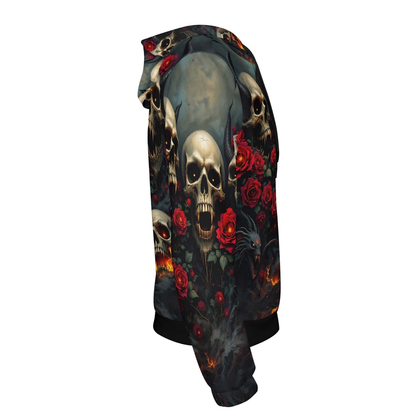 Loud and Lethal Rebellious Symphony Cotton Terry Hoodie with skull and red rose graphic design