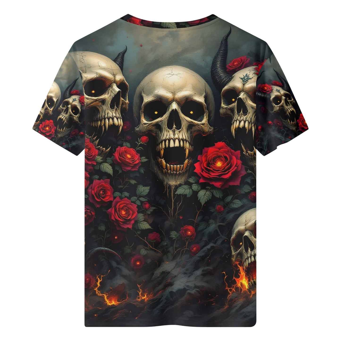 Rebellious Symphony Lycra T-Shirt by Loud and Lethal with skulls and red roses graphic design