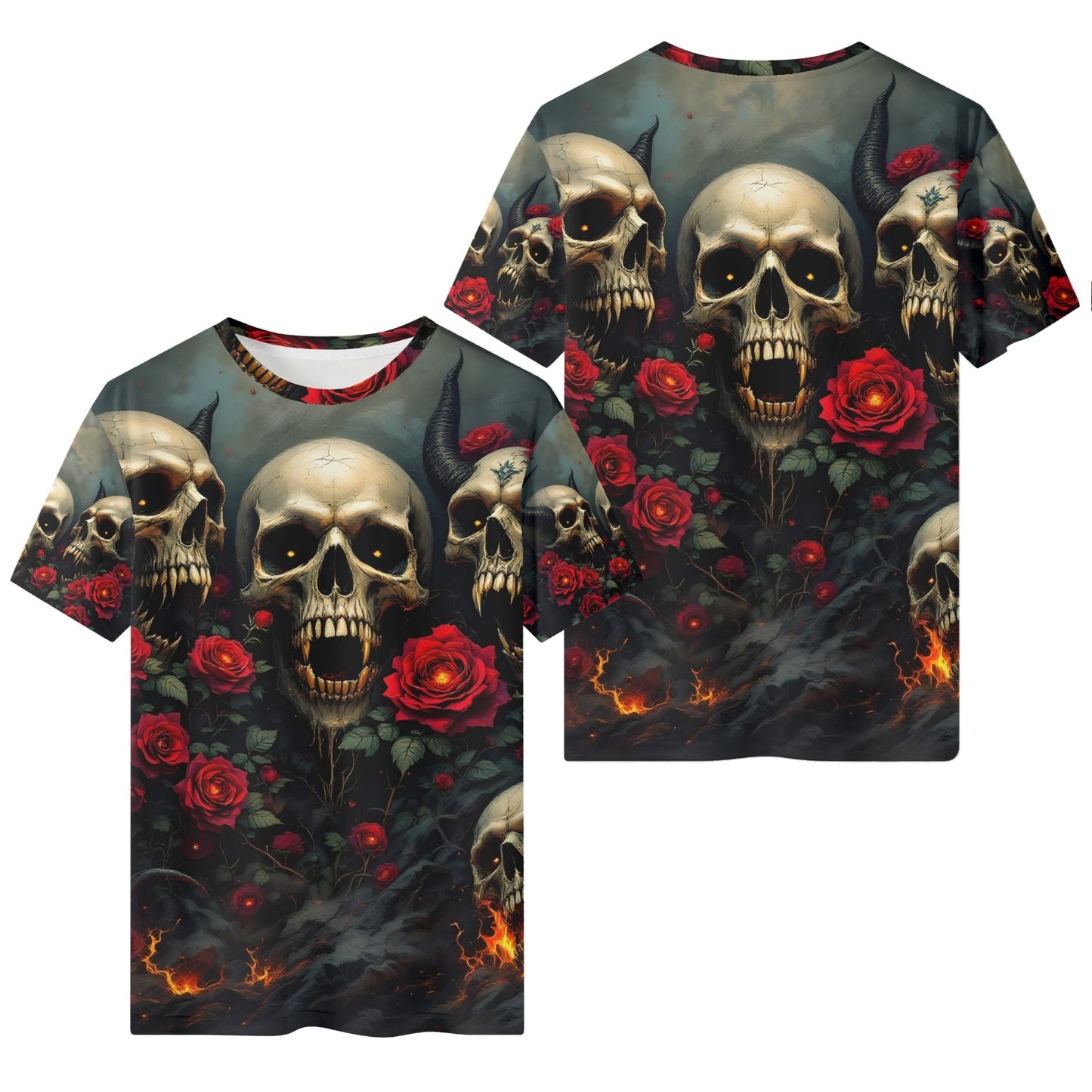 Rebellious Symphony Lycra T-Shirt by Loud and Lethal with skulls, red roses, and dark fiery design