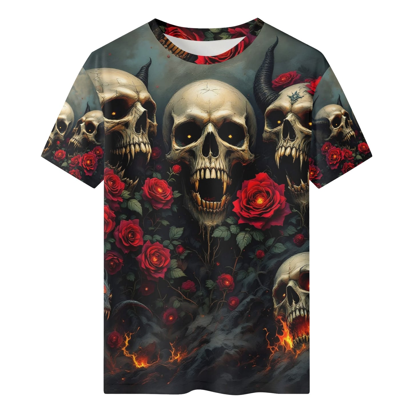 Rebellious Symphony Lycra T-Shirt by Loud and Lethal featuring skulls and red roses on a dark background