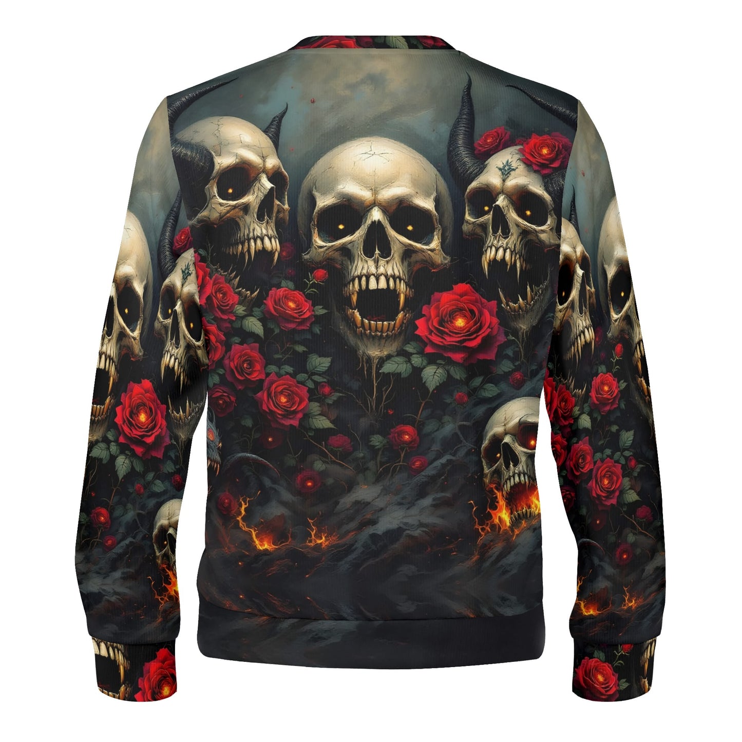 Rebellious Symphony Poly French Terry Sweatshirt Loud and Lethal unisex sweater with skulls roses and fiery accents on back