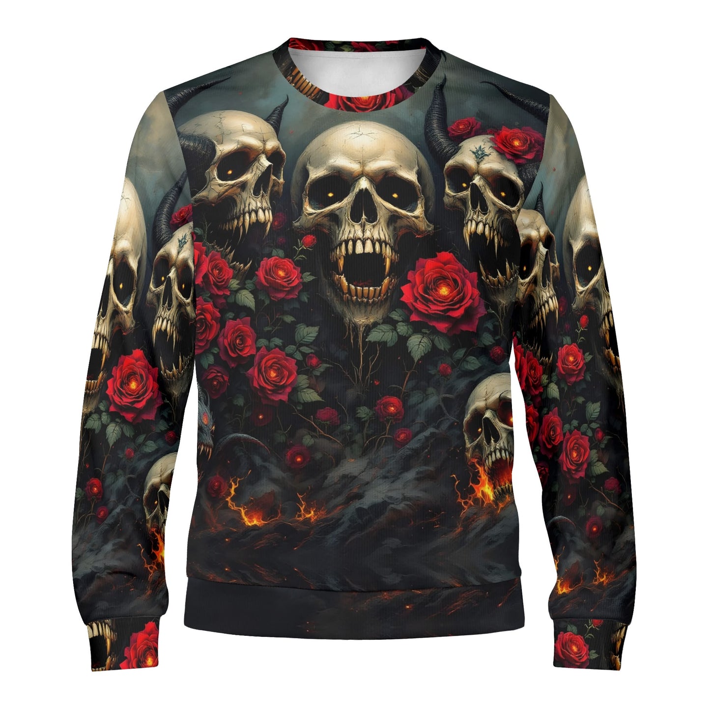 Loud and Lethal Rebellious Symphony Poly French Terry Sweatshirt unisex crewneck with skulls red roses and flames