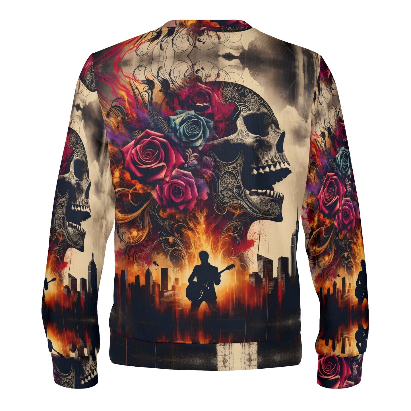Skull and Roses Rebellion Poly French Terry Sweatshirt back print with skull roses flames city skyline and guitarist