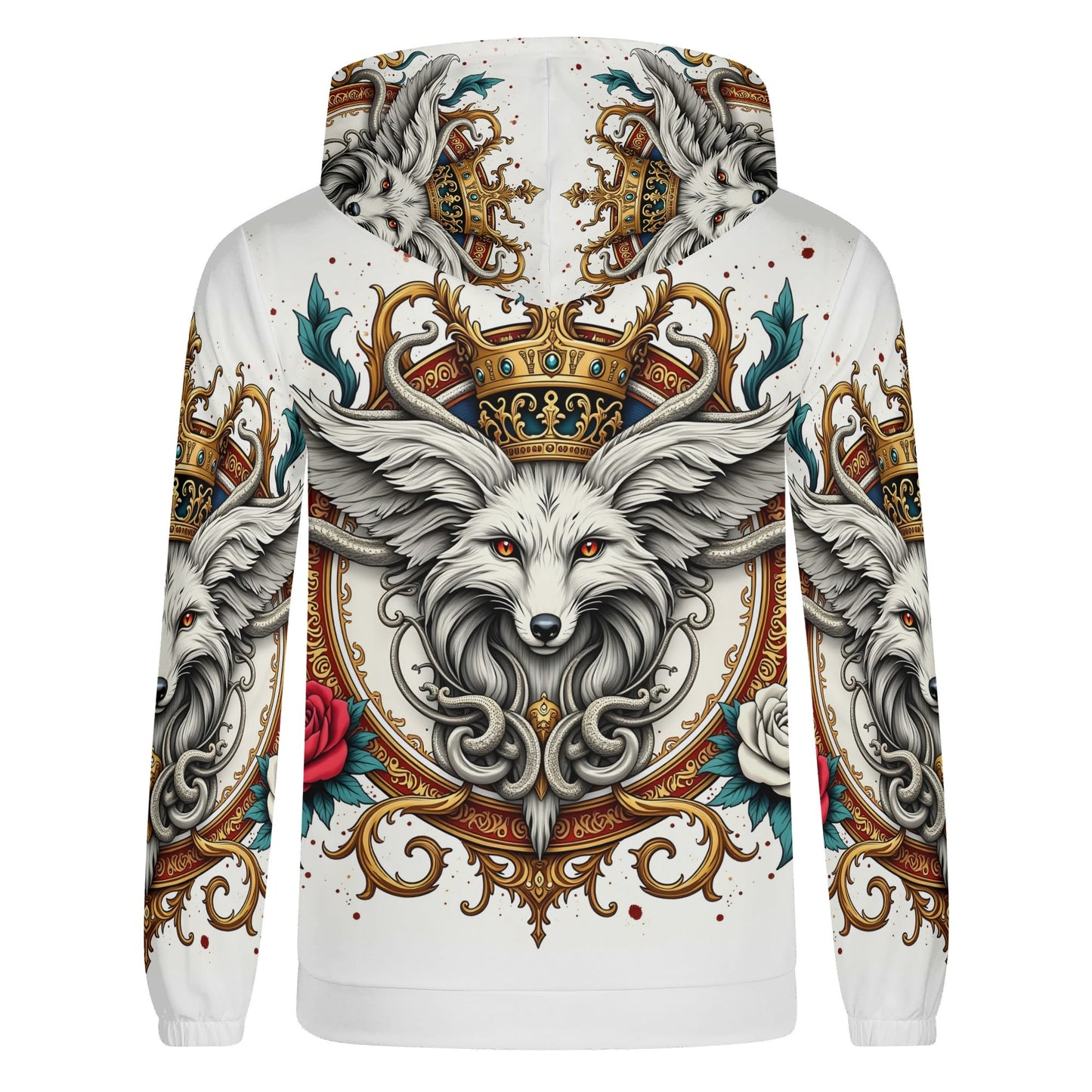 Foxs Reign Limited Edition Poly French Terry Hoodie white unisex hoodie with crowned fox crest gold filigree and rose