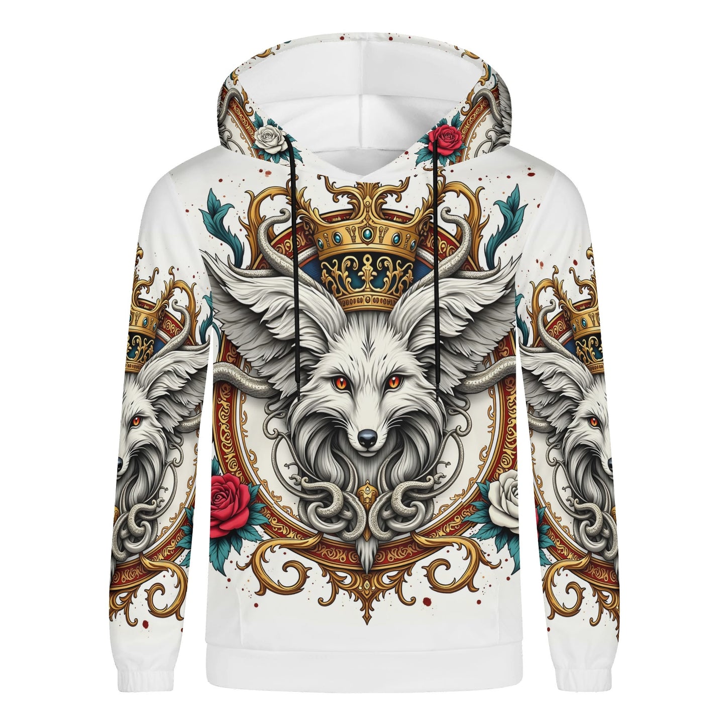Foxs Reign Limited Edition Poly French Terry Hoodie white unisex hoodie with crowned fox crest ornate gold frame and red roses