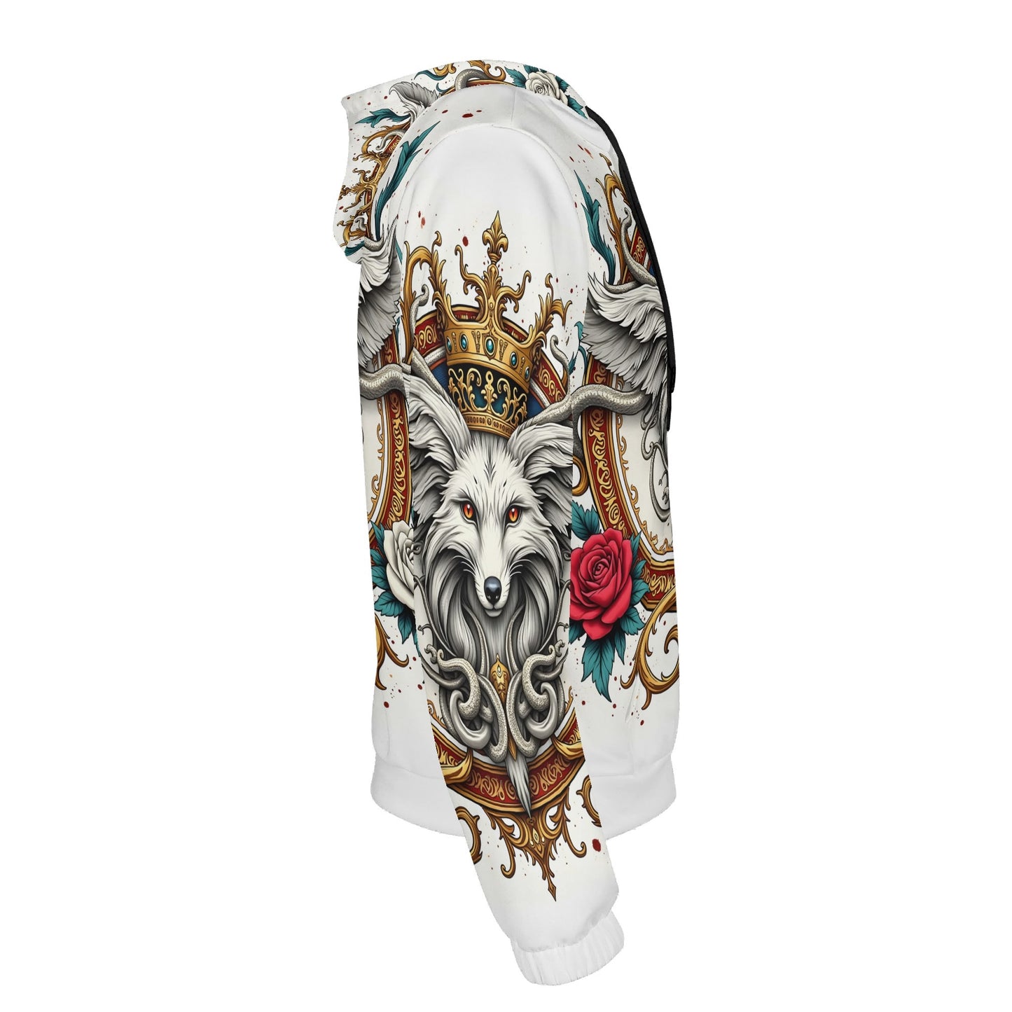 Foxs Reign Limited Edition Poly French Terry Hoodie white unisex hoodie side with crowned fox head design gold filigree red rose