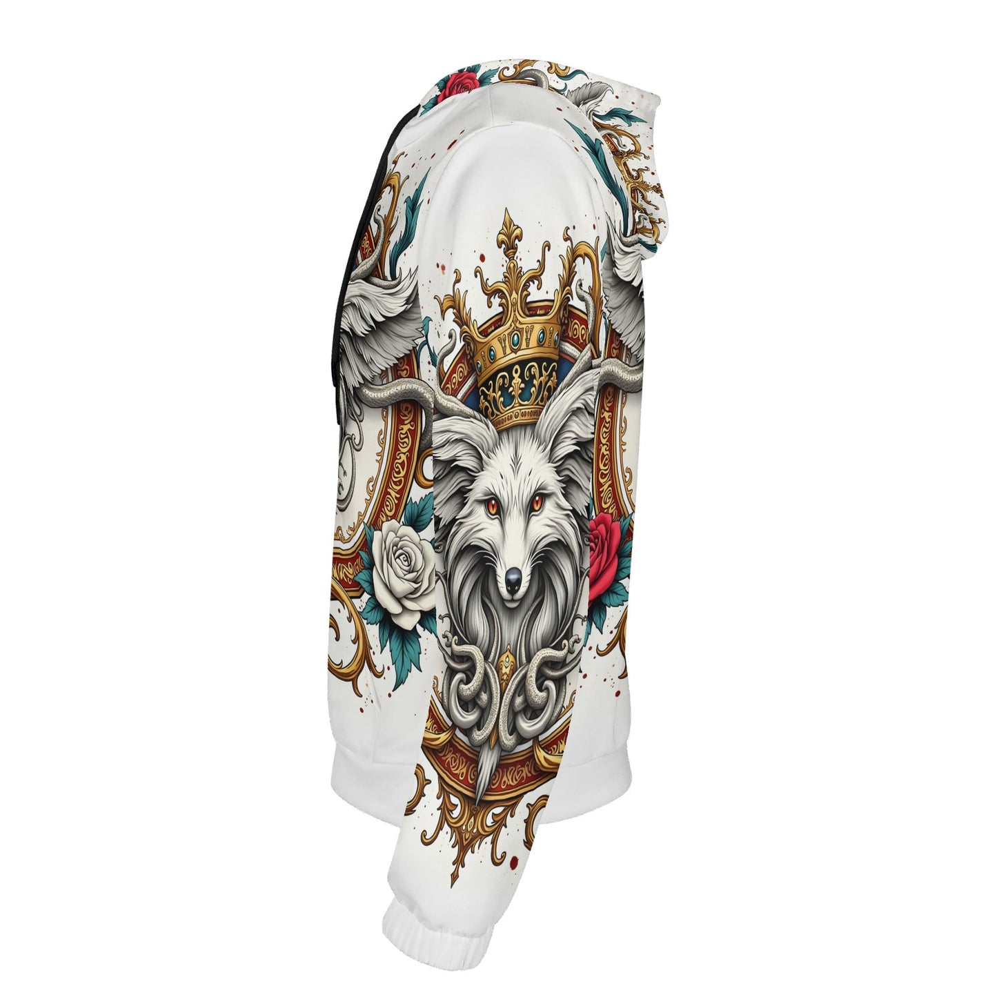 Loud and Lethal unisex hoodie side view with crowned wolf crest and roses Foxs Reign Limited Edition Poly French Terry Hoodie