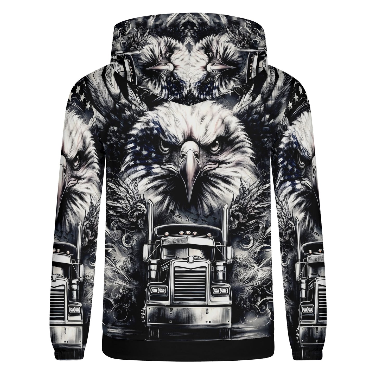 Revolt On Wheels Poly French Terry hoodie with bold eagle and truck graphic in black and white design
