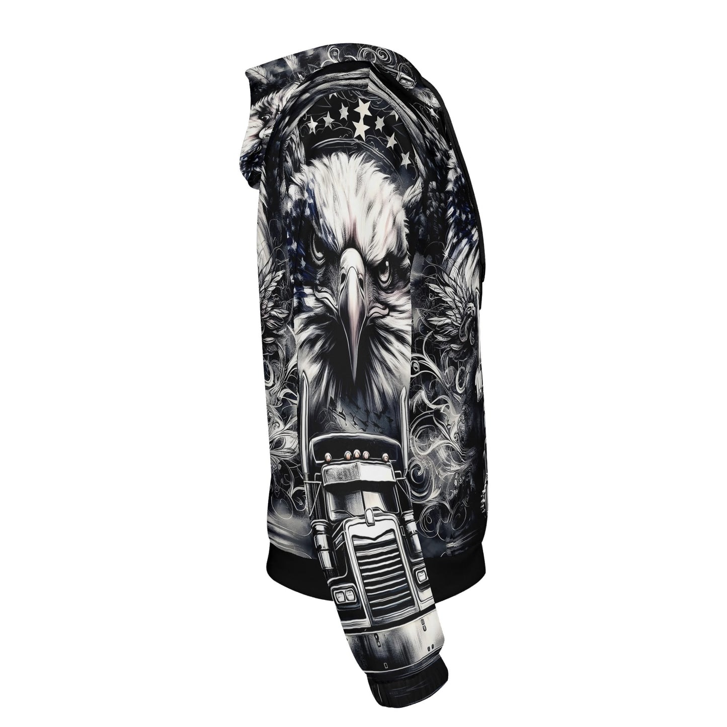 Side view of Loud and Lethal Revolt On Wheels Poly French Terry hoodie with eagle and truck graphic