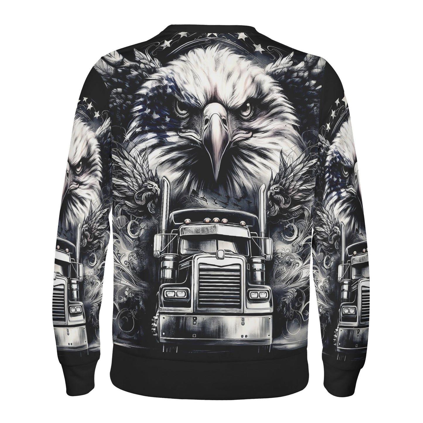 Loud and Lethal Revolt on Wheels Poly French Terry Sweatshirt unisex black and white back print with eagle and semi truck design