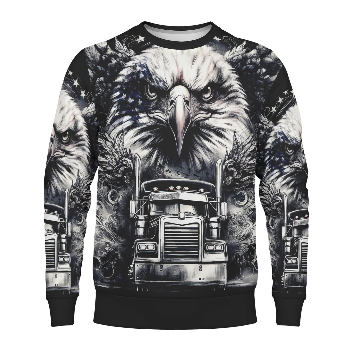 Revolt on Wheels Poly French Terry Sweatshirt unisex crewneck by Loud and Lethal with eagle and big rig truck all over print