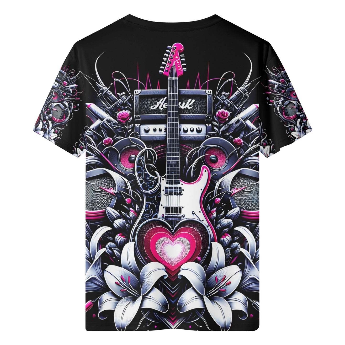 Loud and Lethal Riff and Roses Organic Cotton Kids T-Shirt with electric guitar and floral graphic design