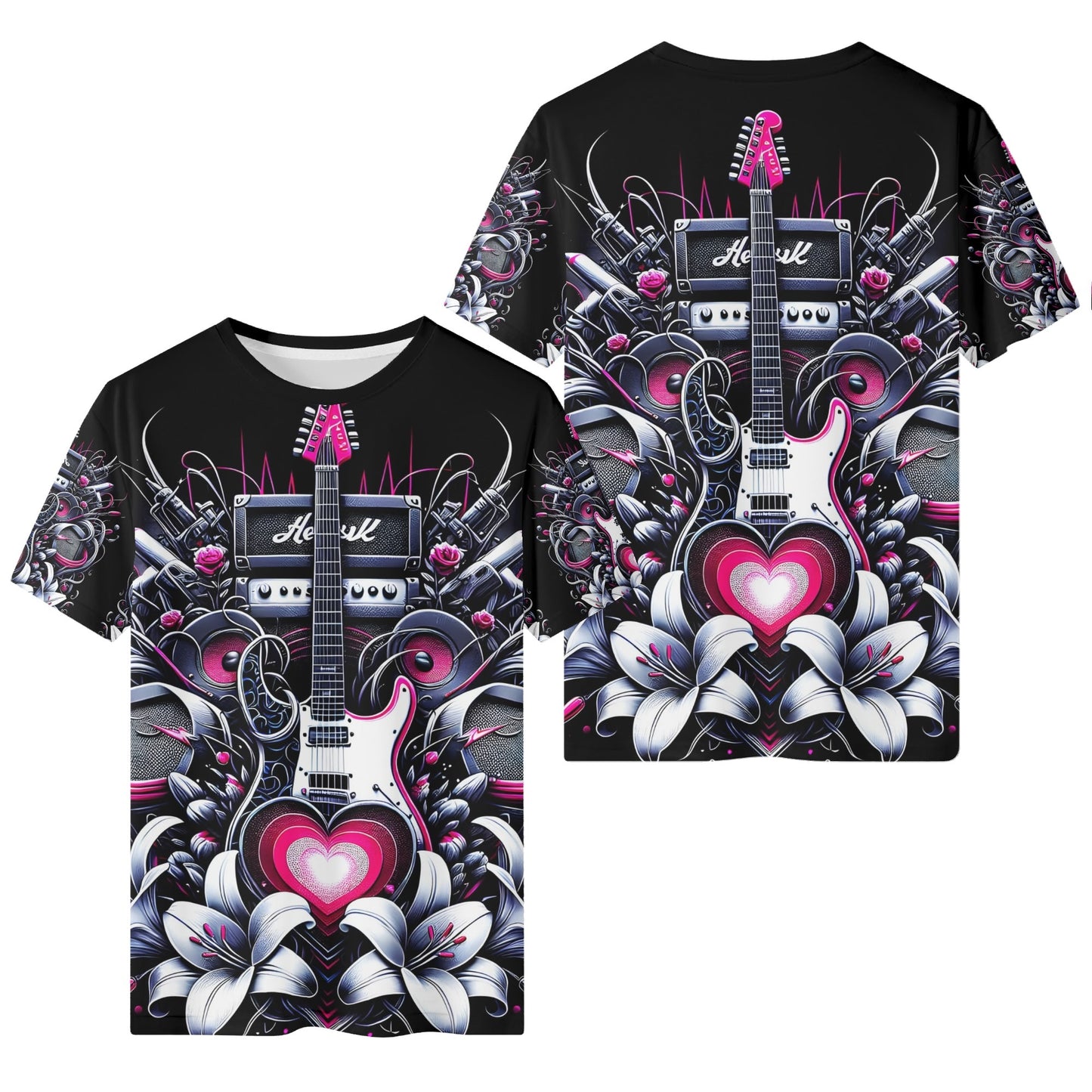 Riff and Roses Organic Cotton Kids T-Shirt featuring electric guitar and floral design in black