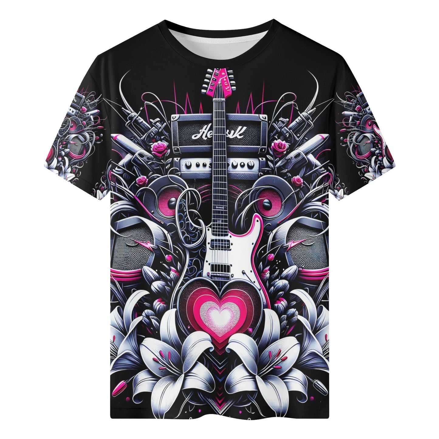 Riff and Roses Organic Cotton Kids T-Shirt with black background featuring electric guitar, speakers, and floral design