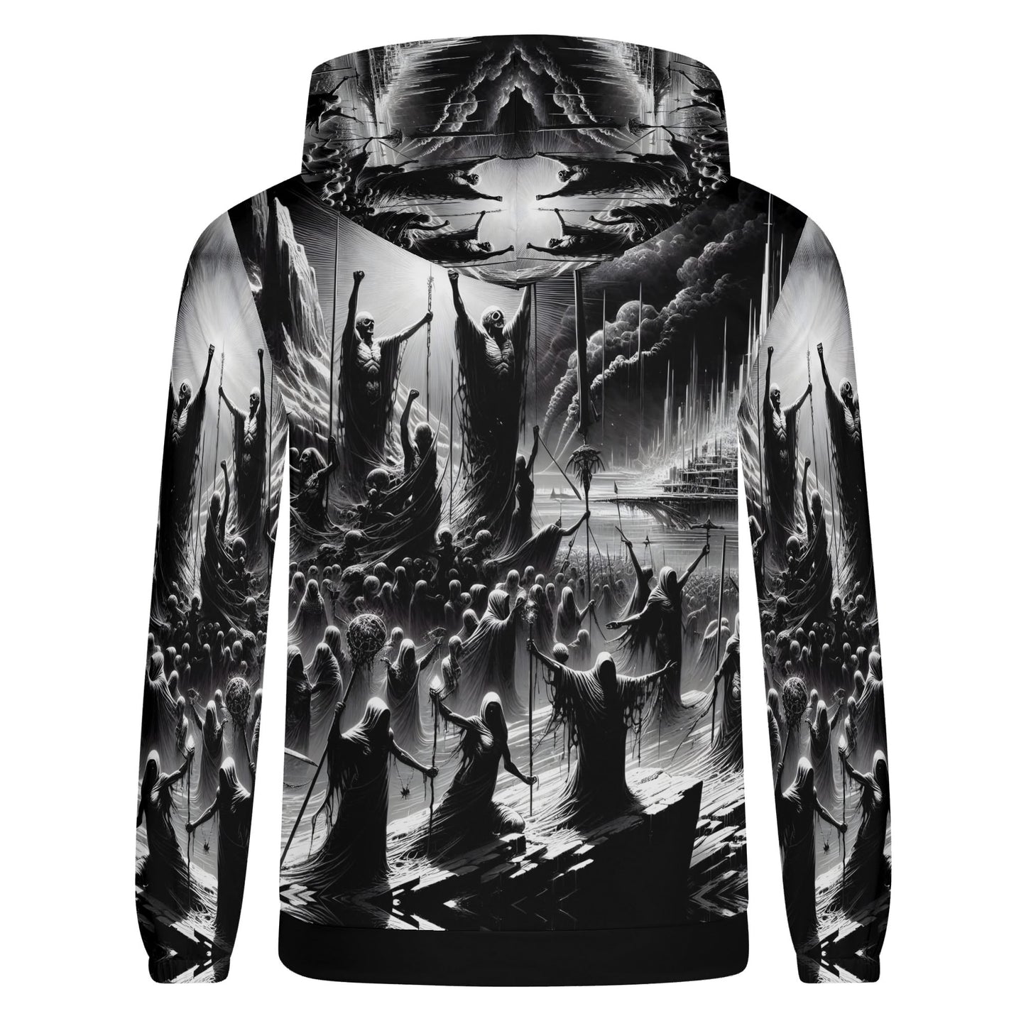 Rise of the Fallen Cotton Terry hoodie by Loud and Lethal with black and white detailed graphic of cloaked figures and mystical scene